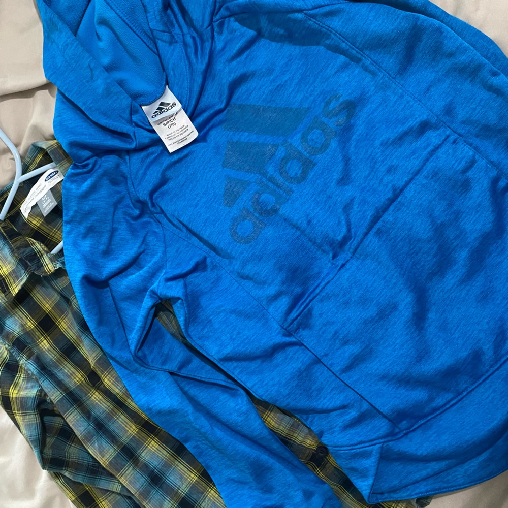 Size 7Boys. Adidas blue hoodie & plaid long sleeve